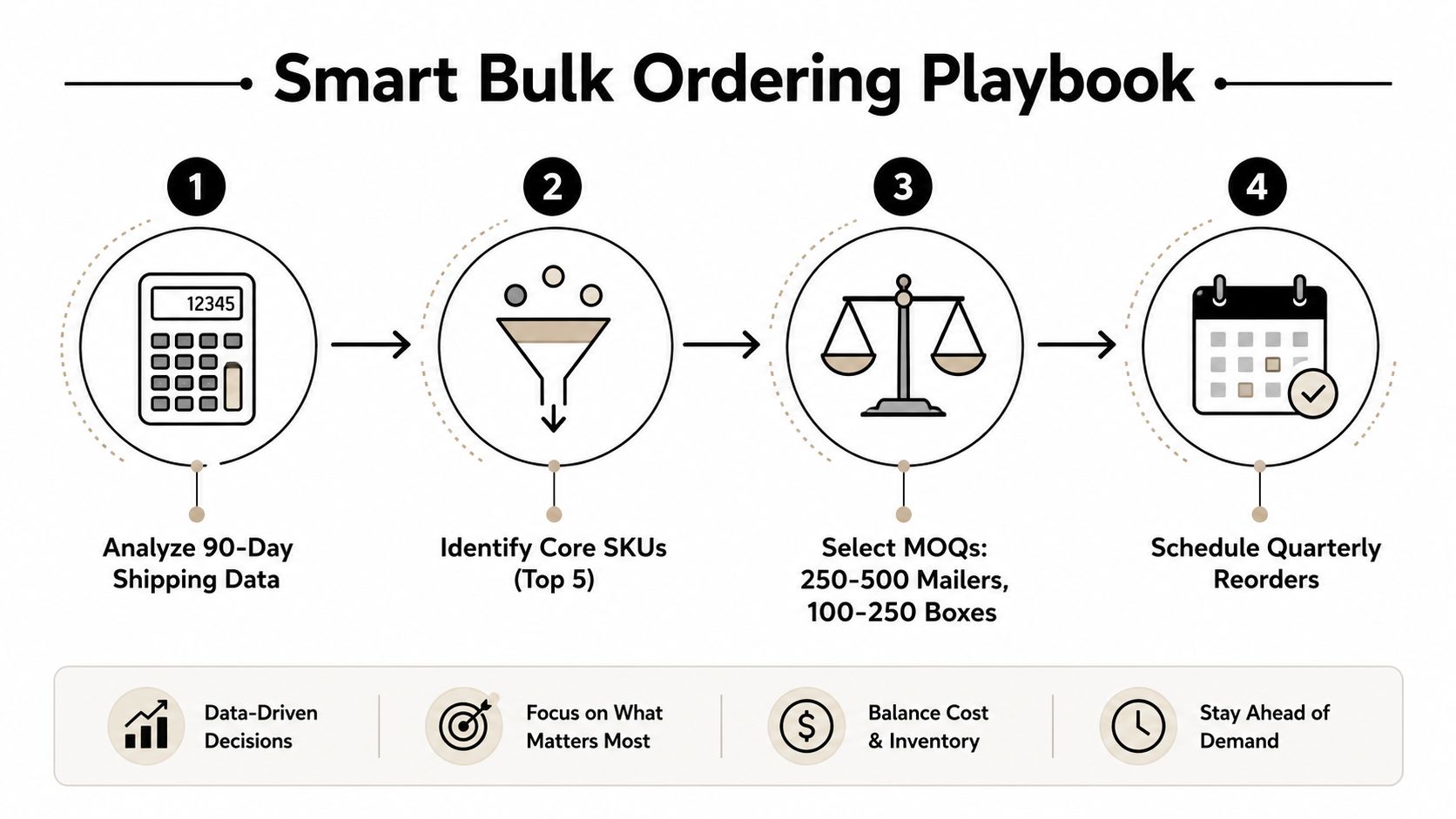 A four-step infographic showing a process for planning smart bulk shipping packaging orders for small businesses.