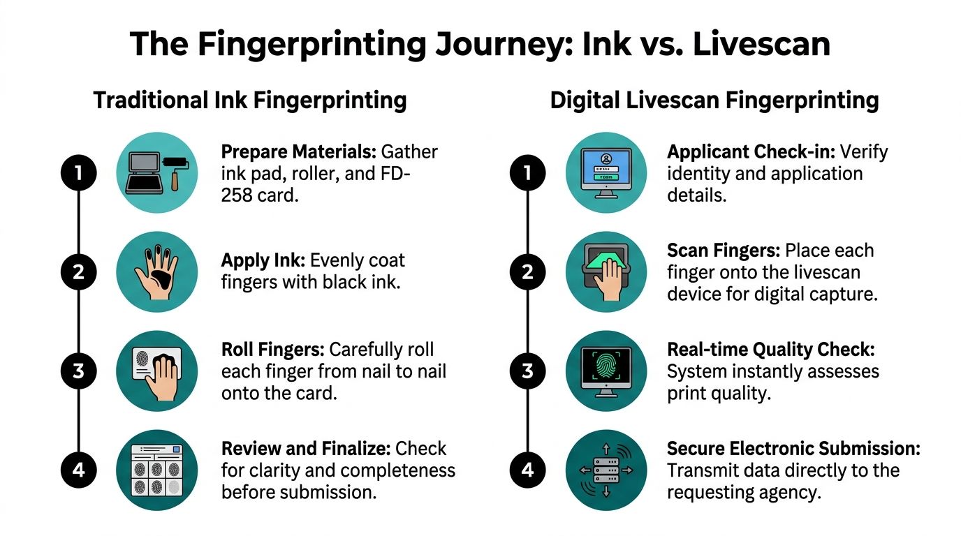 A comparison chart outlining the four-step processes for traditional ink fingerprinting and digital livescan fingerprinting methods.