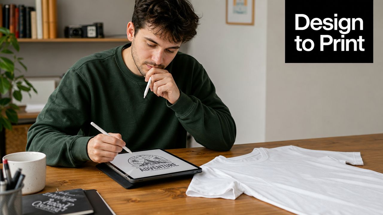 A male graphic designer working on a custom shirt design using a digital tablet at his desk.