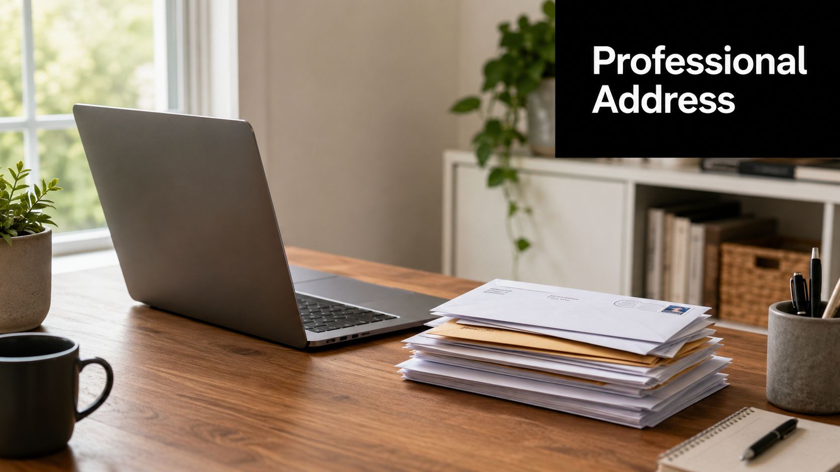 A modern home office desk featuring an open laptop, a stack of envelopes, and a coffee mug.