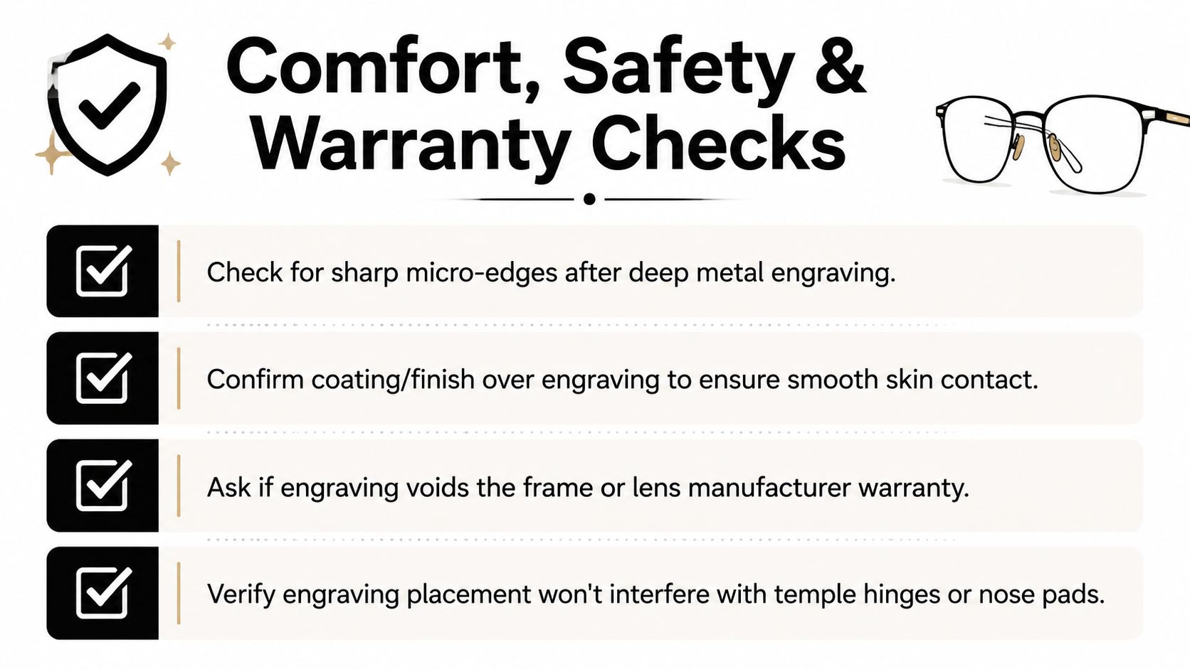 A checklist infographic titled Comfort, Safety and Warranty Checks for laser engraving on metal eyeglass frames.