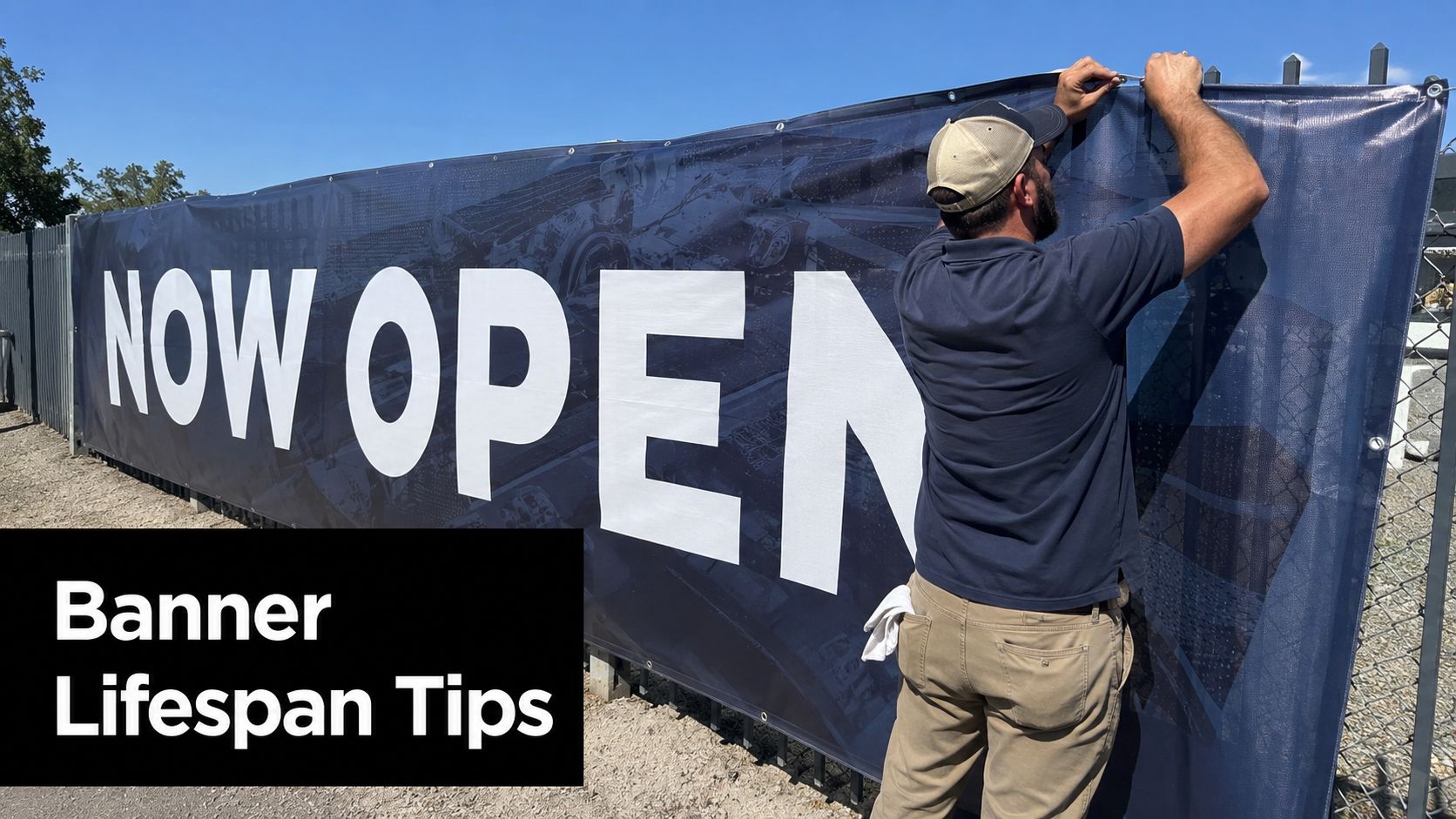A construction worker attaches a large, black, outdoor scrim vinyl banner to a metal fence panel.
