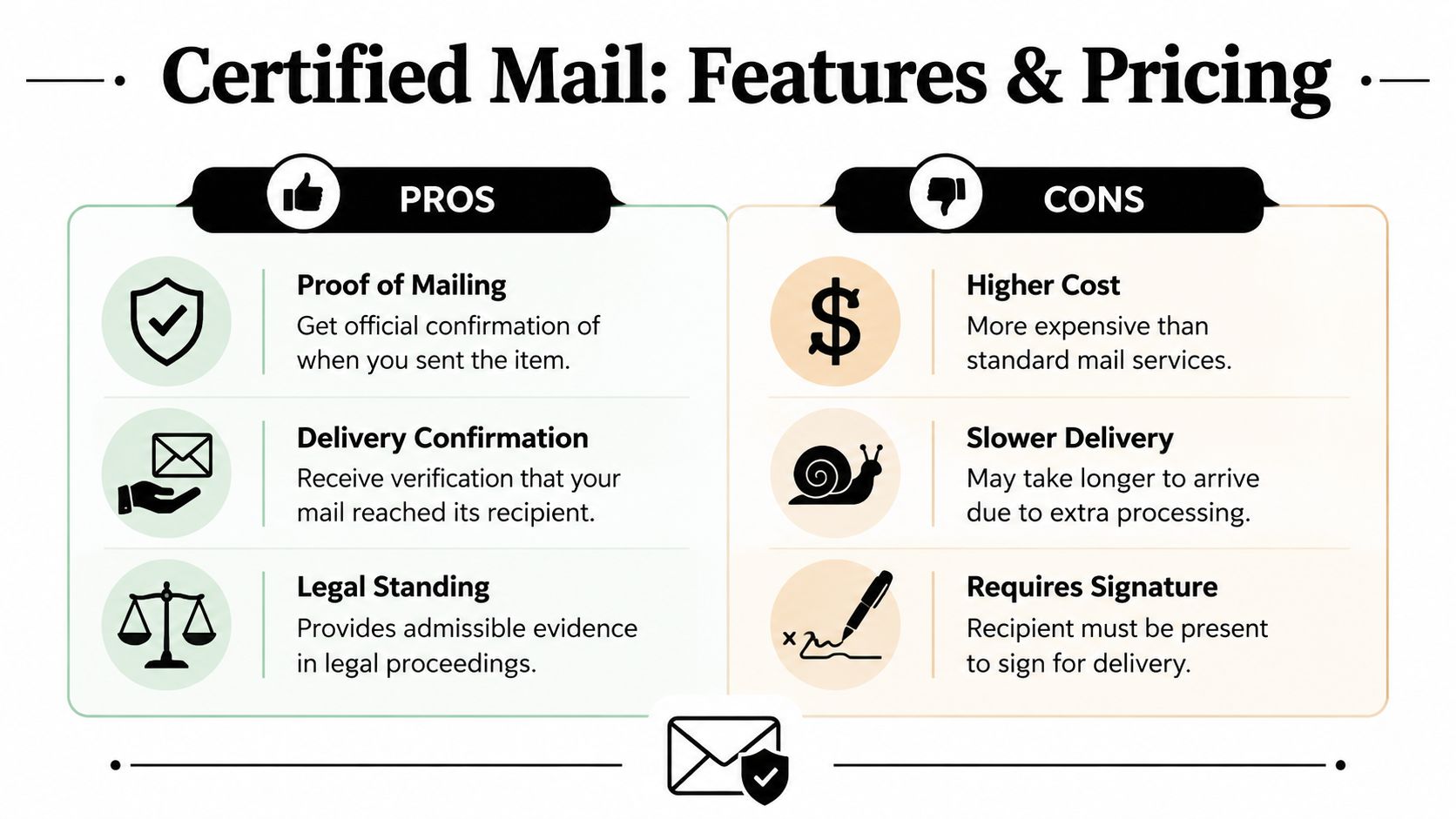 An infographic comparing the pros and cons of using certified mail services for document delivery.