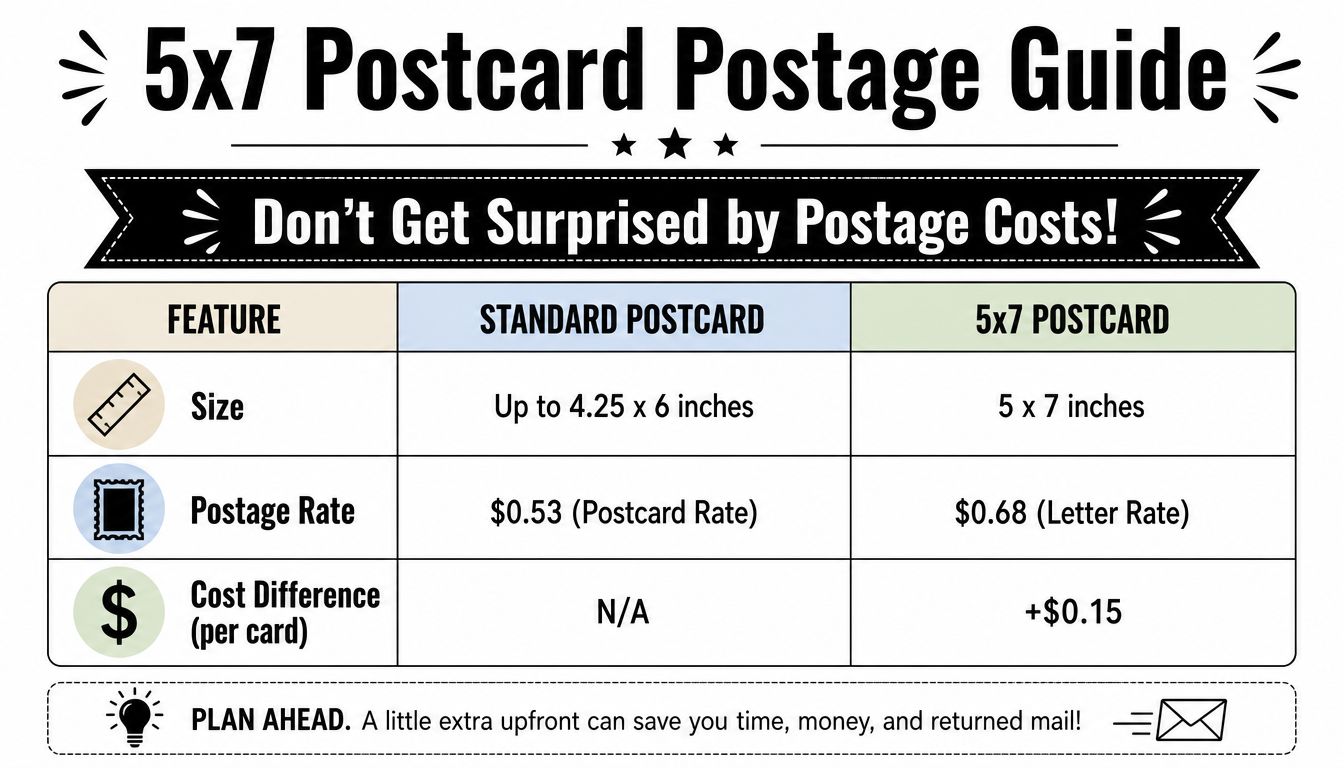 A comparison chart showing that 5x7 postcards cost more to mail than standard postcards due to postage rates.