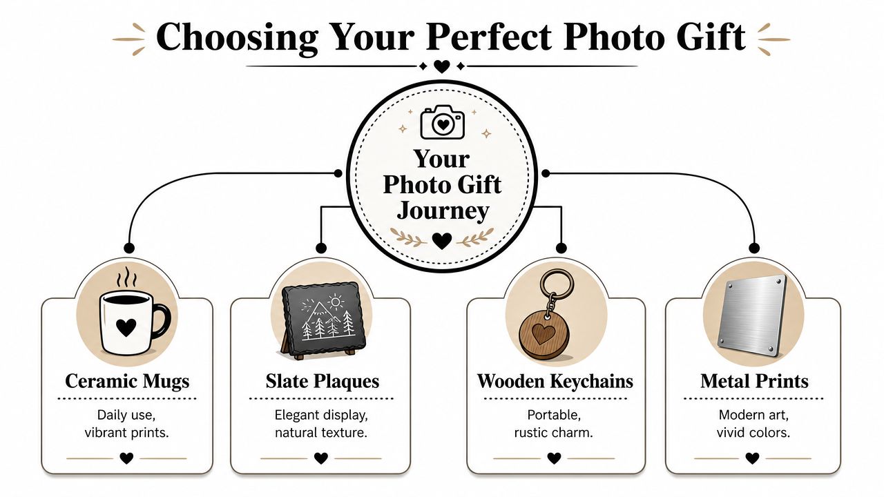 An infographic displaying four types of custom photo gifts including ceramic mugs, slate plaques, keychains, and metal prints.