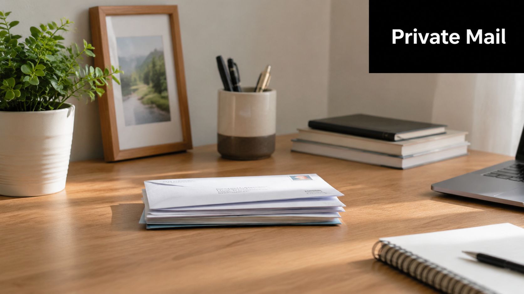 A stack of letters sits on a wooden desk next to a laptop and notebooks.