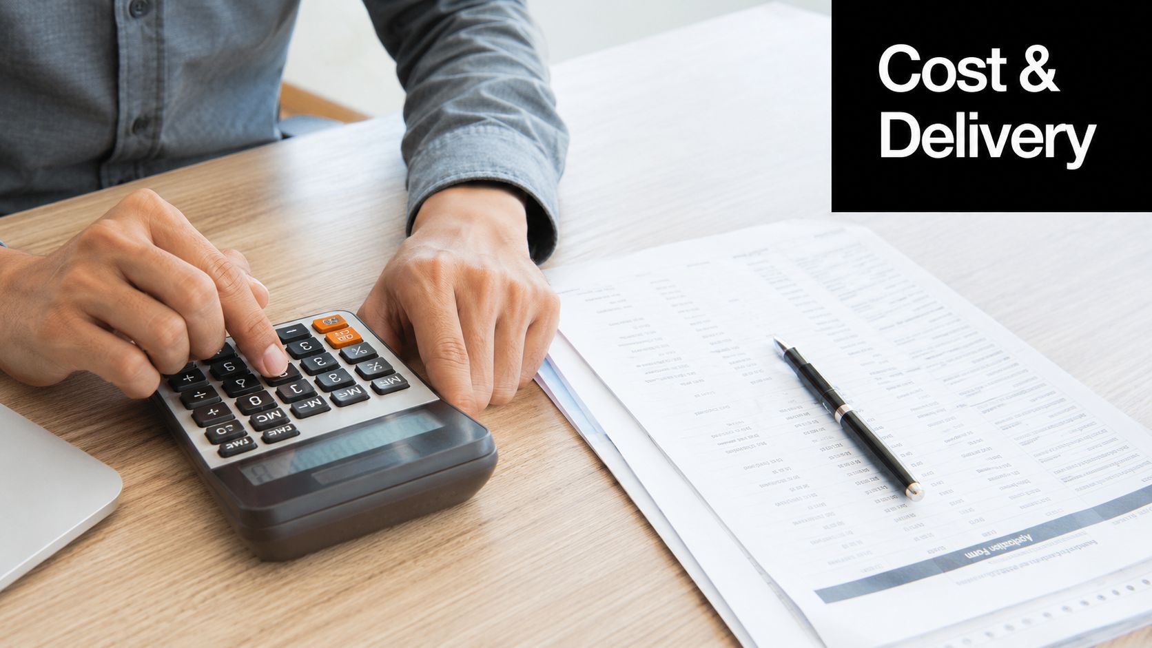 A person uses a calculator and pen to review financial documents on a wooden desk.
