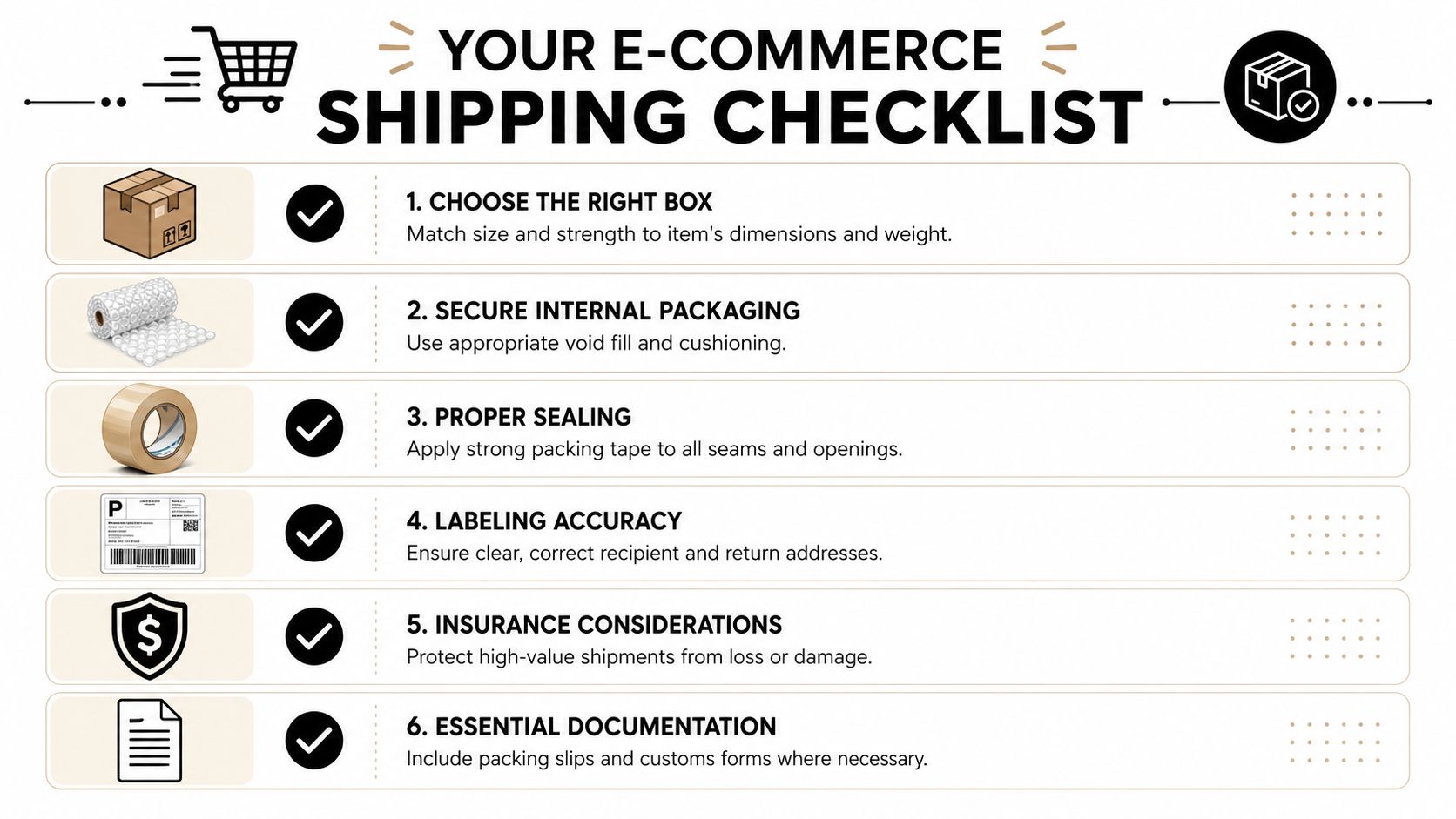 An infographic titled Your E-commerce Shipping Checklist with six numbered steps for packaging and preparing products for delivery.