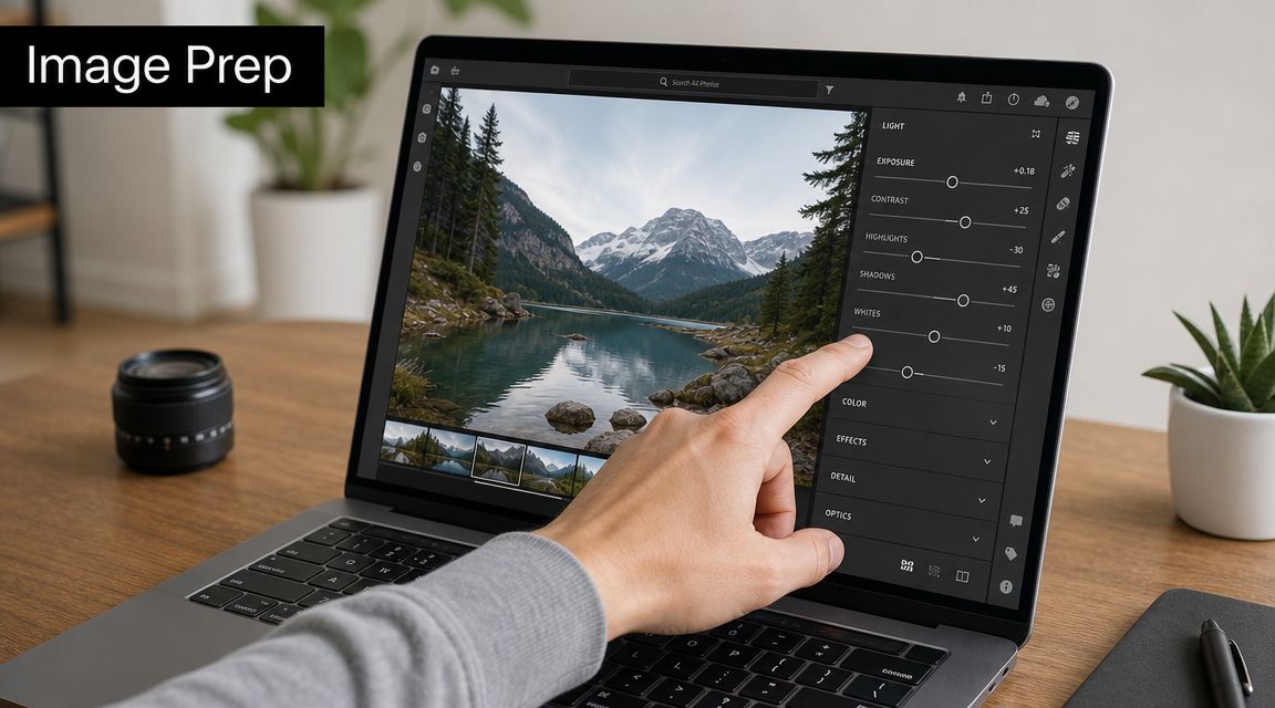A person editing a landscape photograph on a laptop screen using photo editing software.