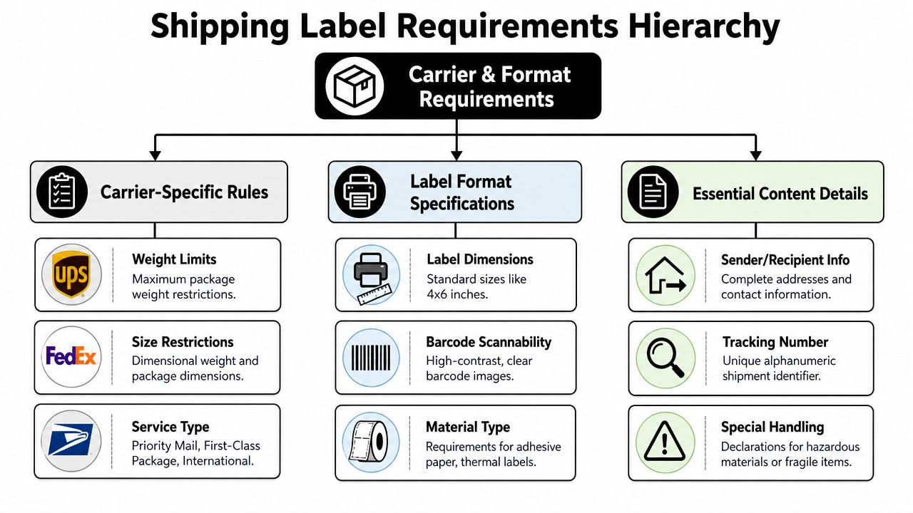 A hierarchical flowchart showing requirements for shipping labels including carrier rules, format specifications, and essential content details.