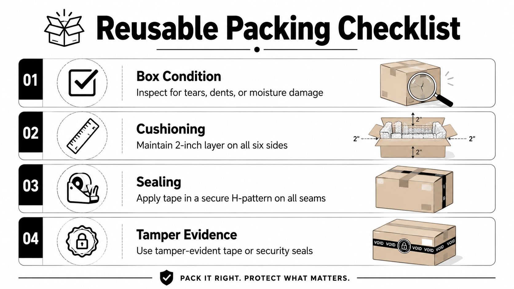 A four-step checklist illustration demonstrating proper reusable packing techniques for shipping boxes safely and securely.