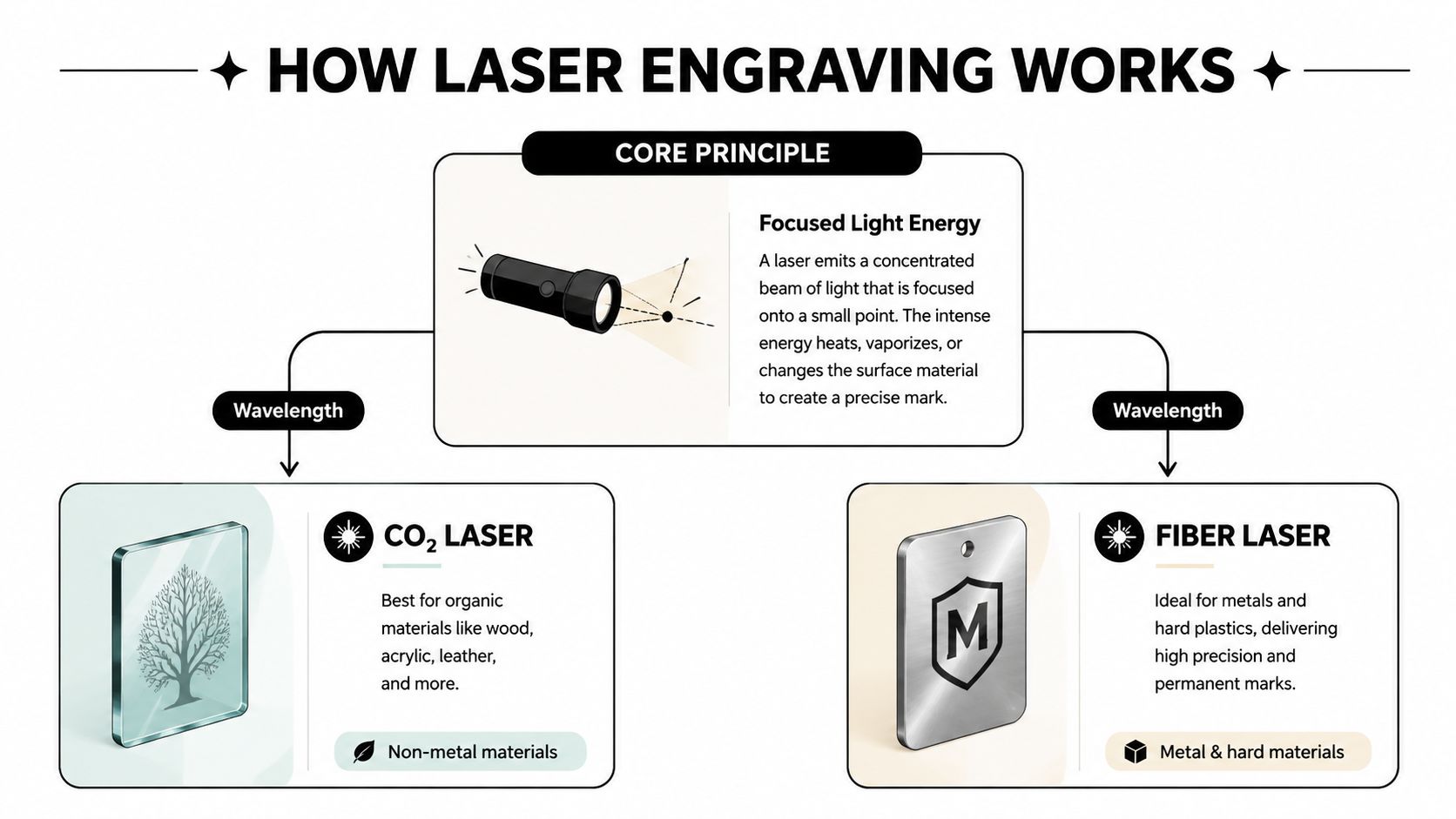 A diagram explaining laser engraving, featuring CO2 lasers for non-metals and fiber lasers for metal and hard materials.