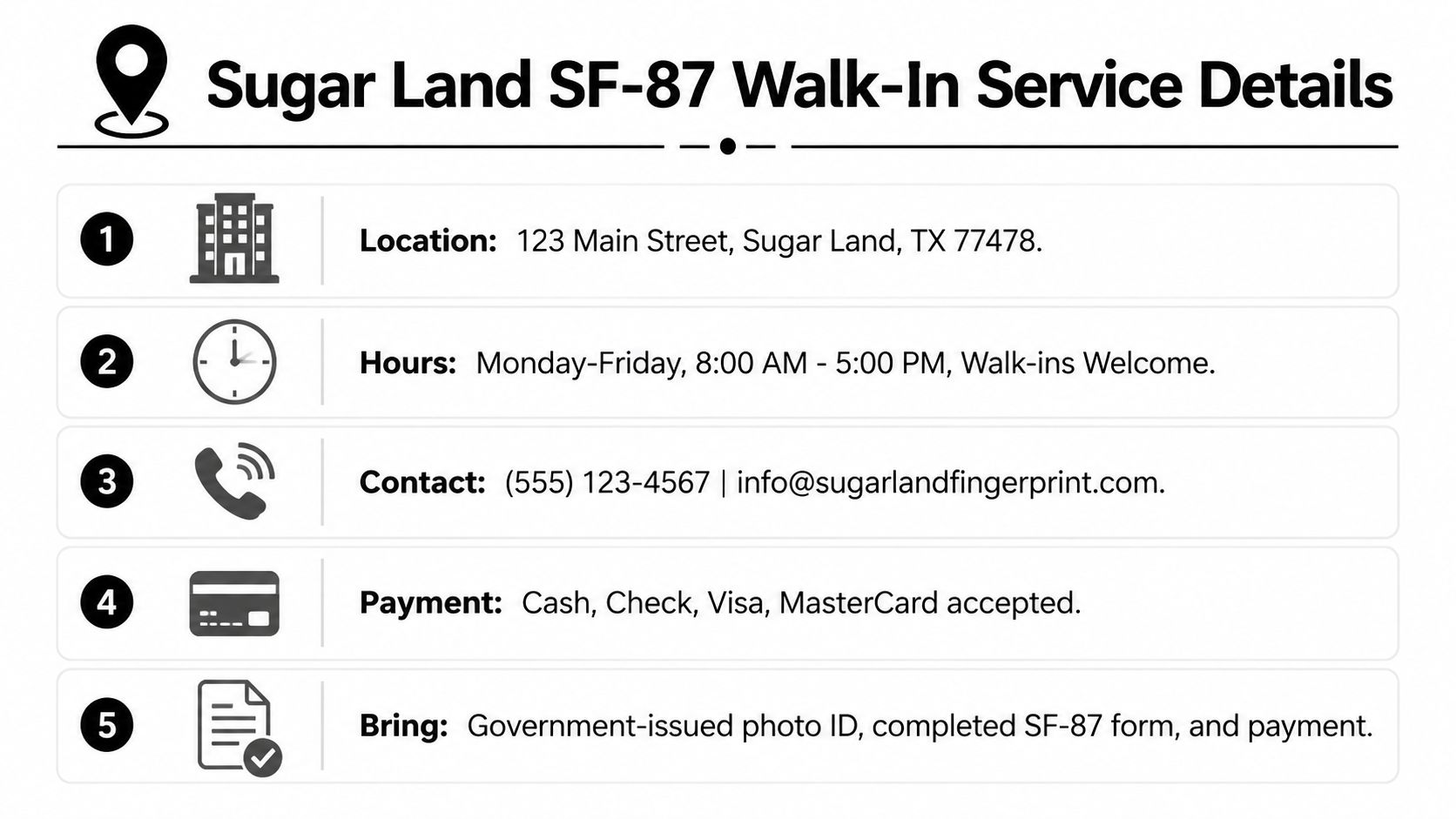 Informational sign for Sugar Land SF-87 fingerprinting walk-in services including location, hours, contact, payment, and required documents.