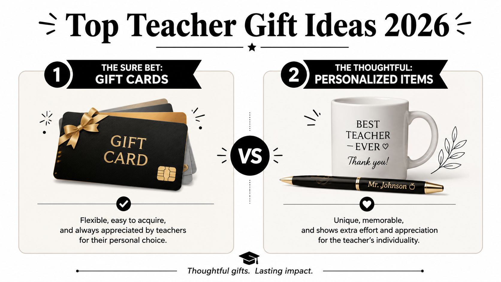 An infographic comparing gift cards and personalized items as popular gift ideas for teachers in 2026.