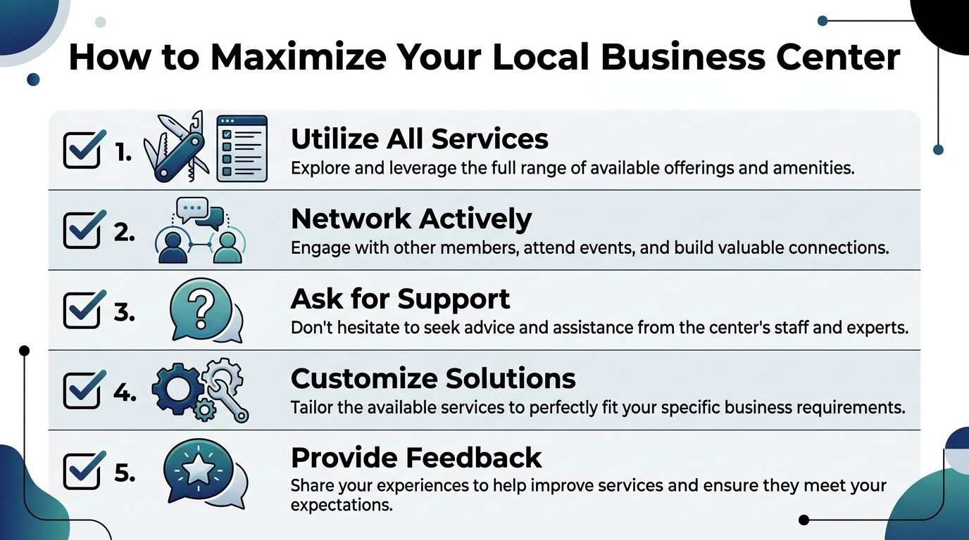 A five-step infographic guide on how to maximize benefits when using a local business center.