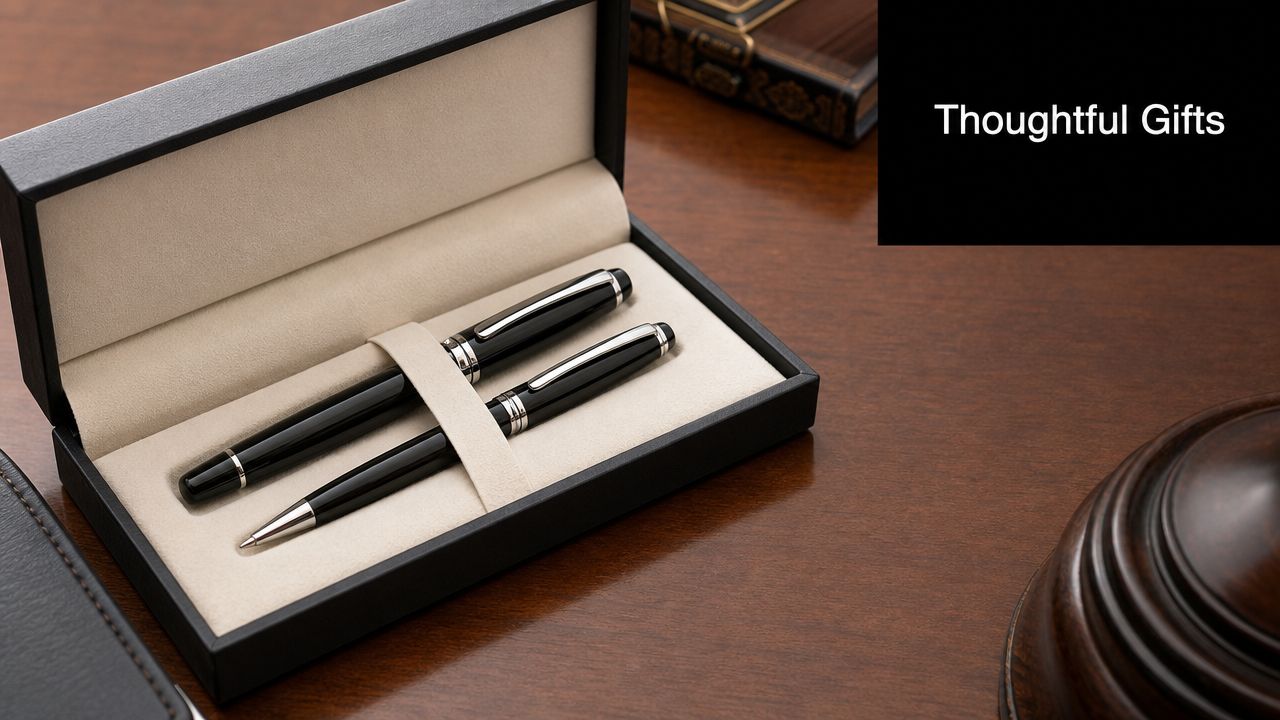 A luxurious black pen set presented in a gift box on a professional wooden desk.