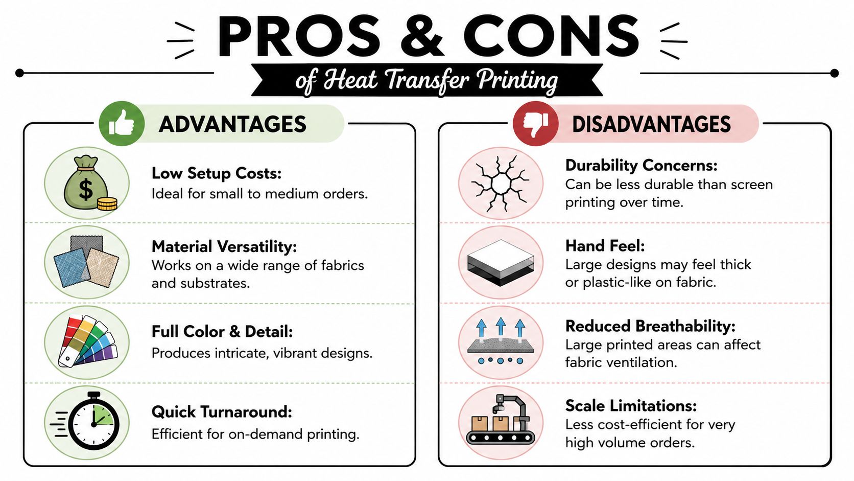 A pros and cons infographic outlining the advantages and disadvantages of using heat transfer printing technology.