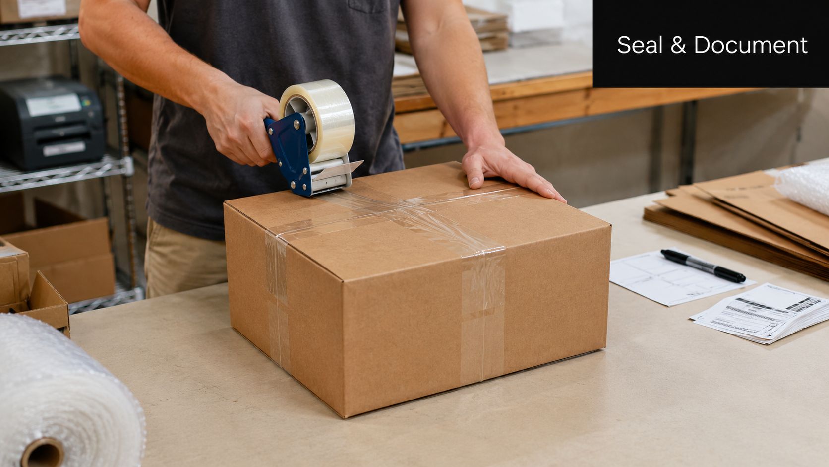 A person in a warehouse using a tape gun to seal a cardboard box for shipping.
