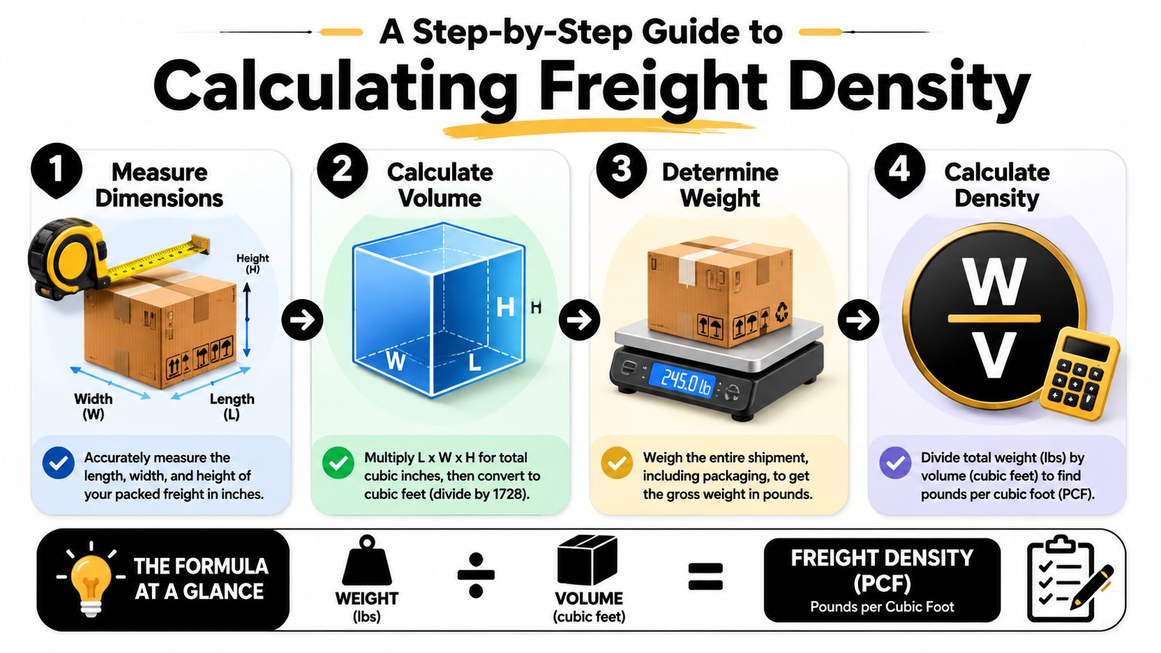 An infographic detailing a four-step process to calculate freight density for shipping using weight and volume.