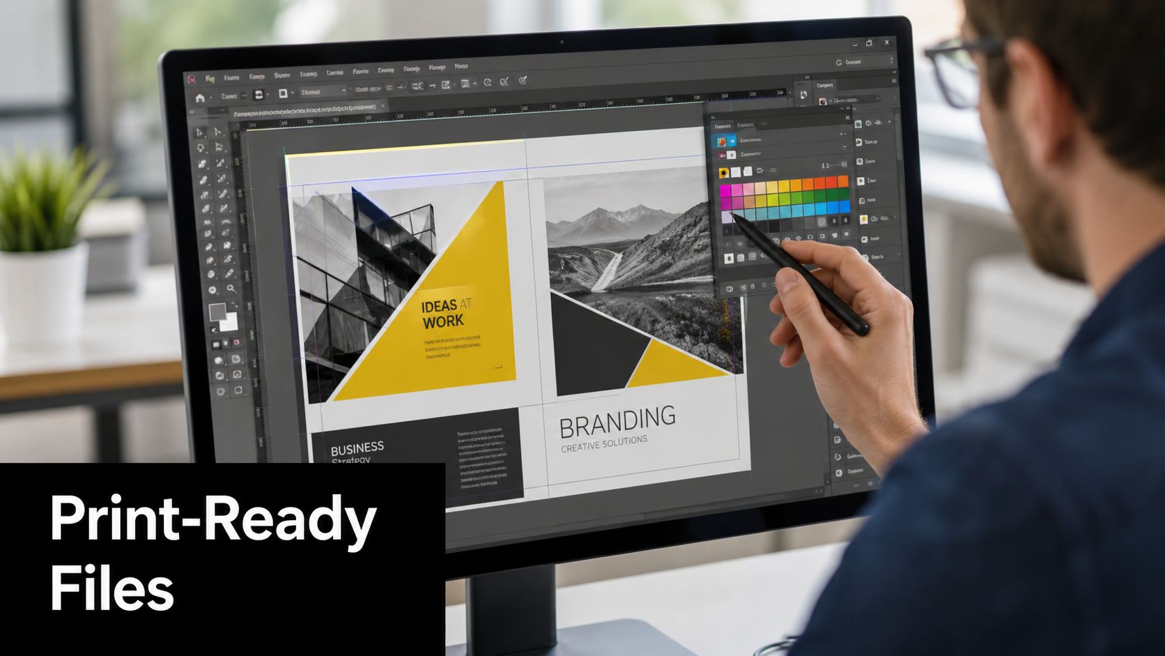 A graphic designer working on a professional branding project on a computer monitor with color palettes.