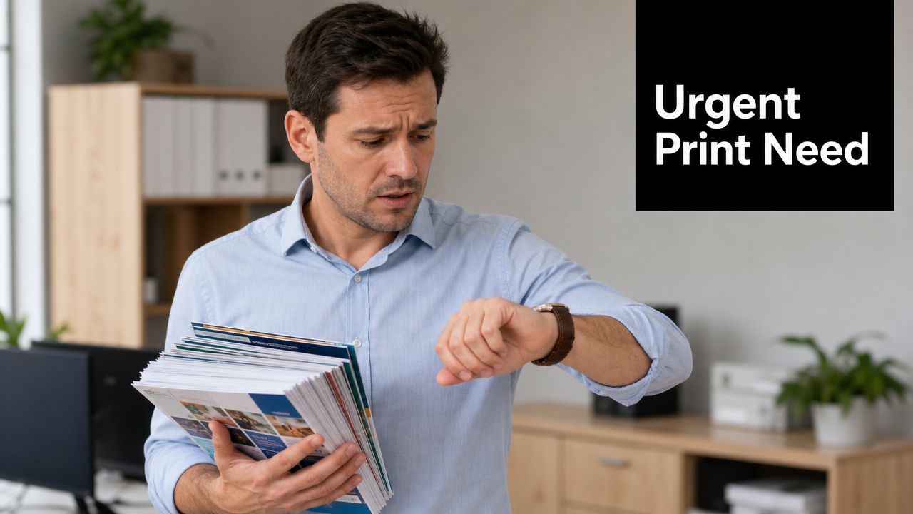A concerned office worker holding a large stack of documents while checking the time on his watch.