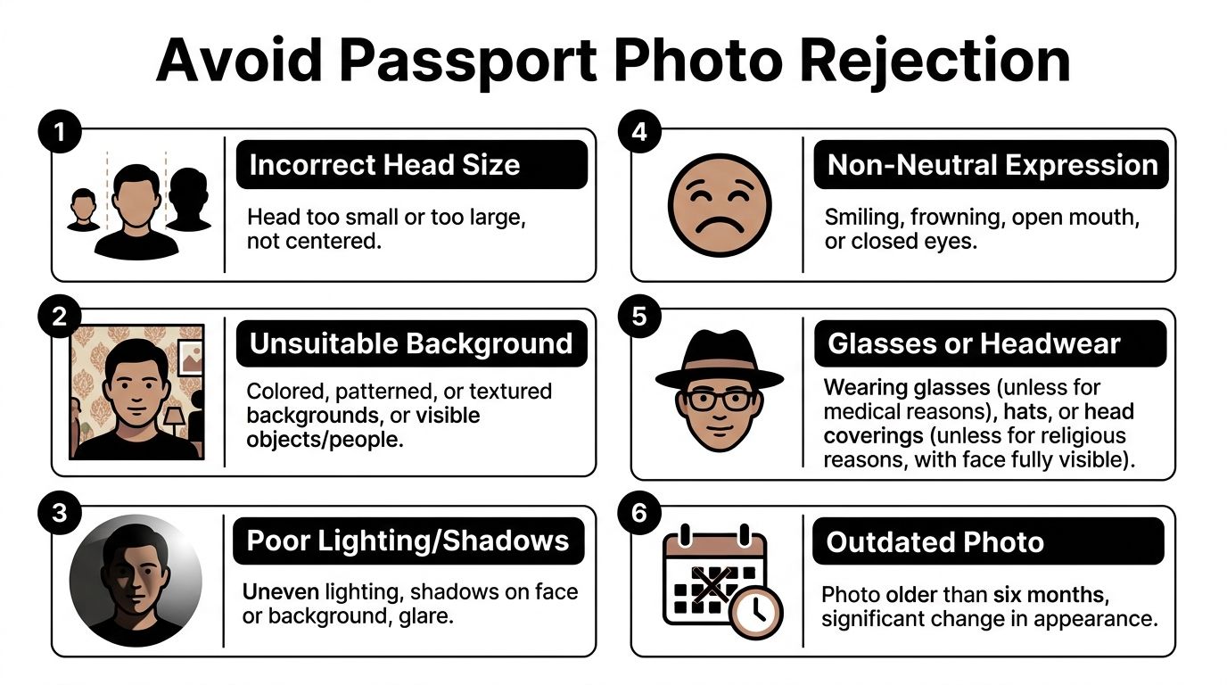 A helpful infographic listing six common reasons for passport photo rejection and how to avoid them.