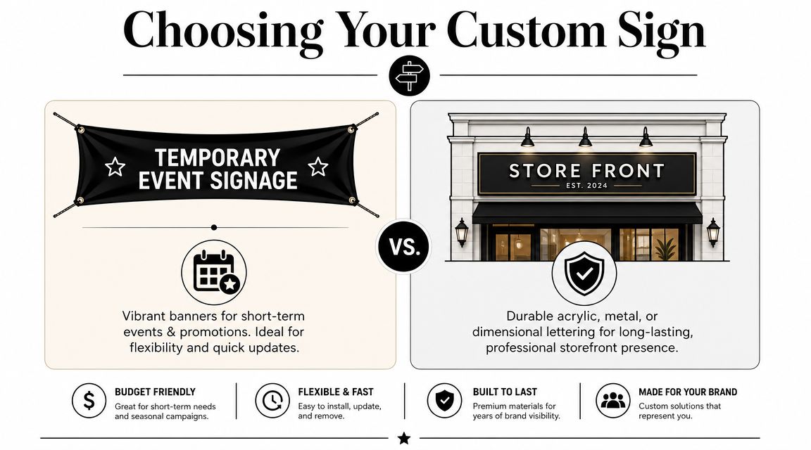 A comparison infographic between temporary event banners and permanent professional store front signage for businesses.
