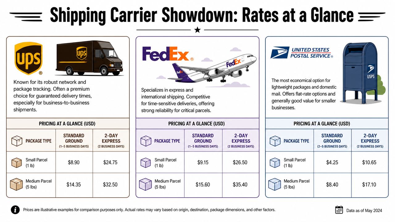 A comparison chart showing shipping rates for UPS, FedEx, and USPS for small and medium parcels.