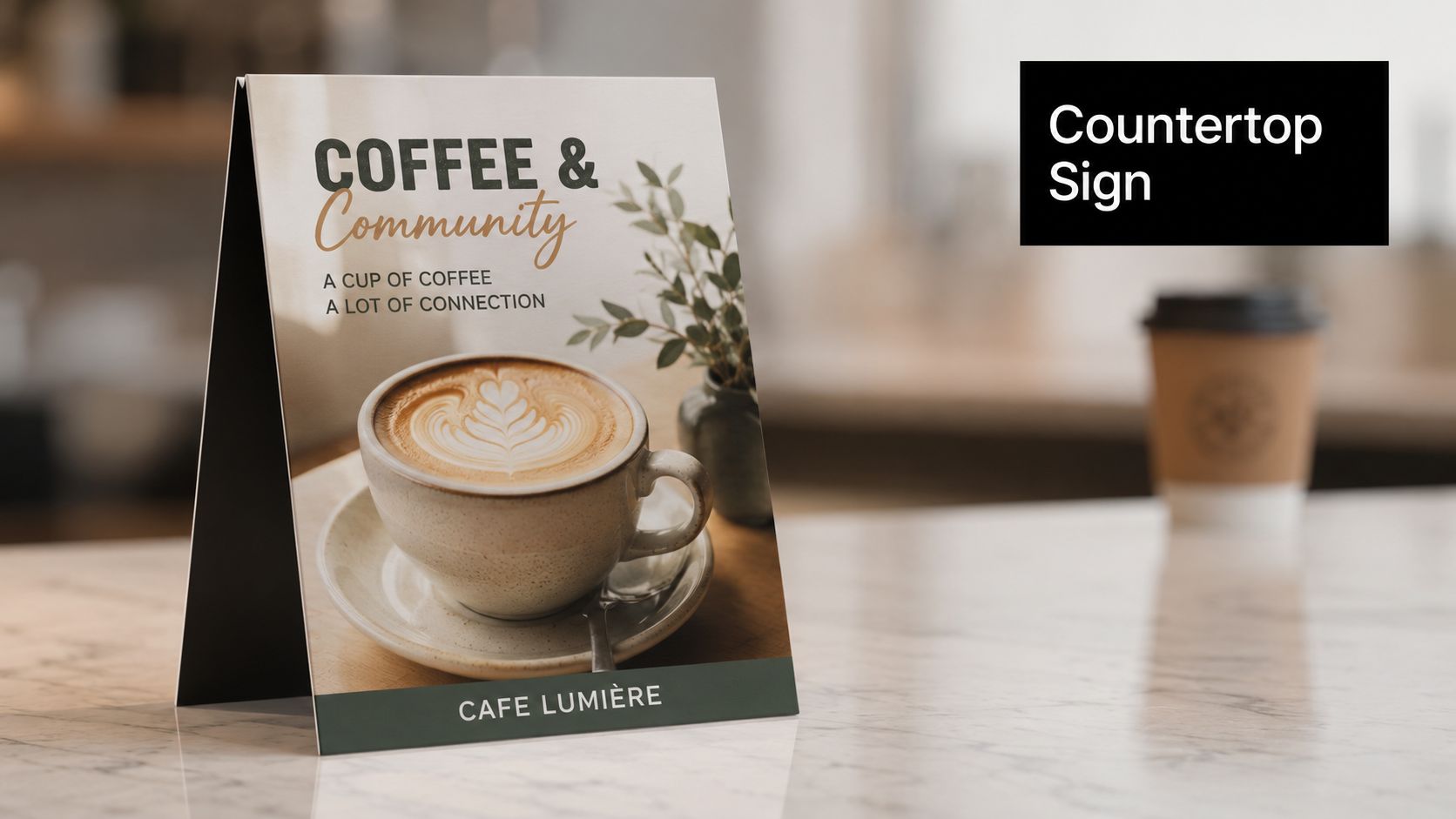 A professional table tent sign for Cafe Lumiere displayed on a marble countertop in a cafe setting.