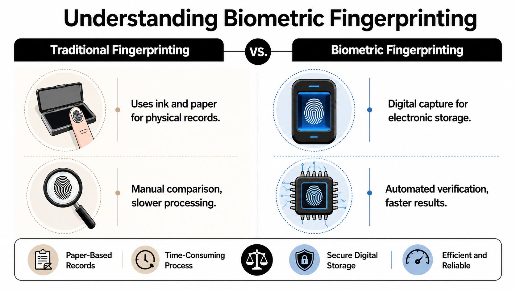 A comparison infographic between traditional ink and paper fingerprinting and modern electronic biometric fingerprinting technology.