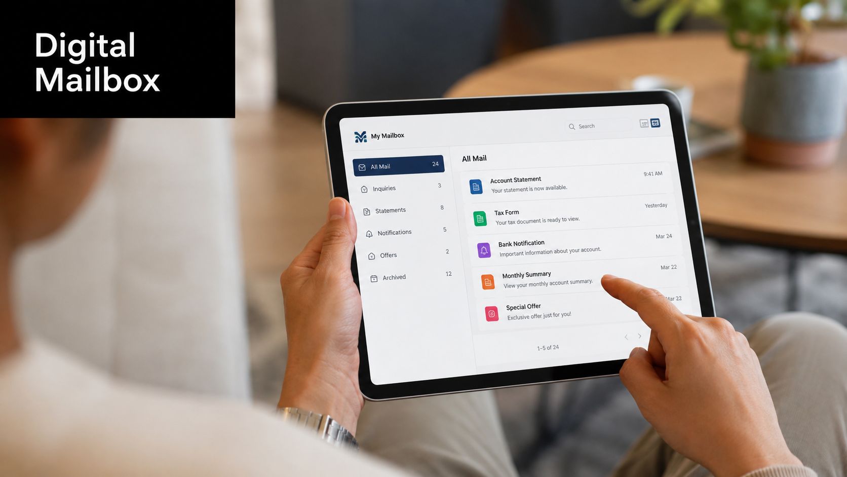 A person holding a tablet device displaying a digital mailbox application interface with various mail categories.