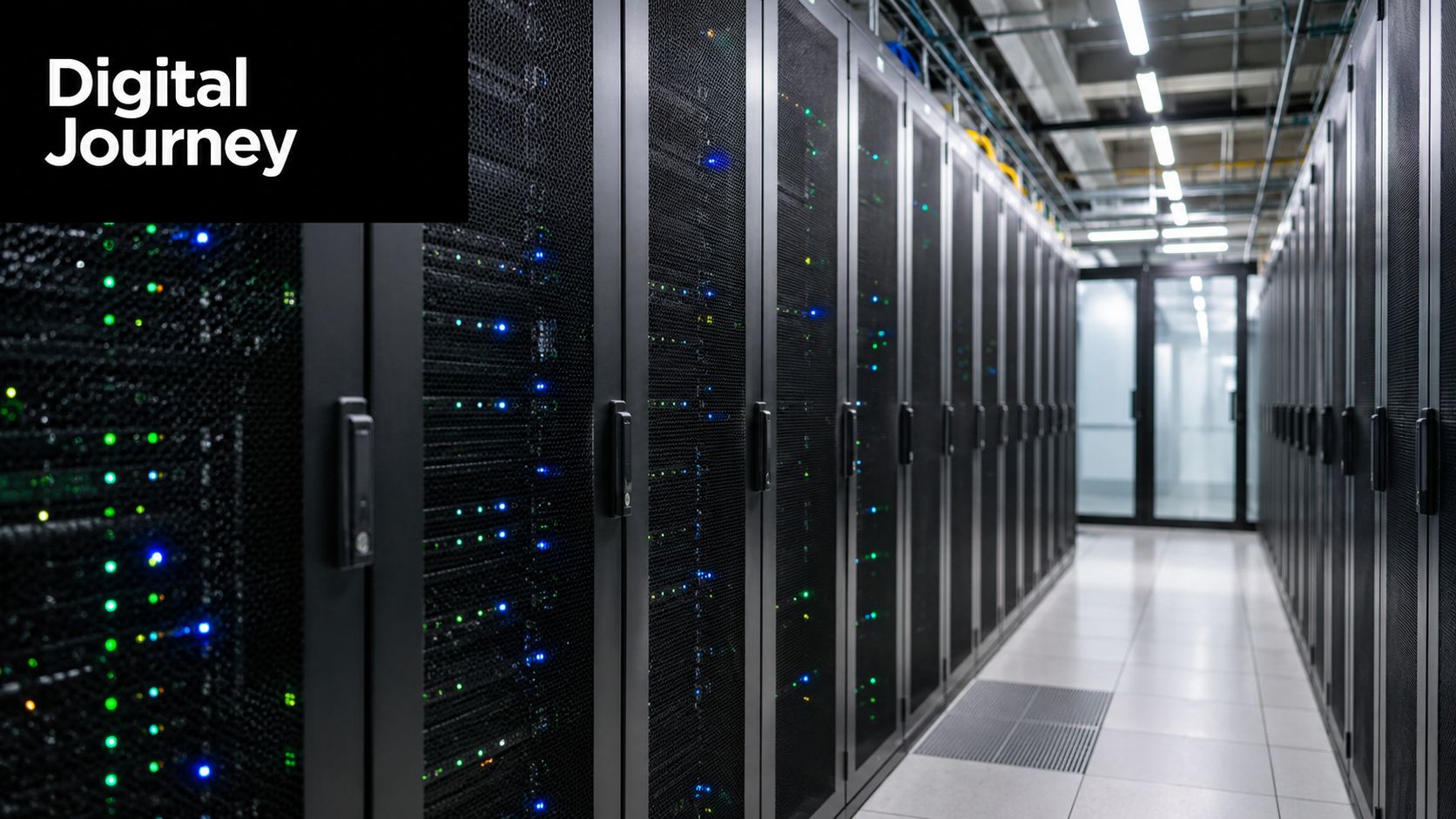 A long aisle inside a modern data center with rows of server cabinets and flashing status lights.