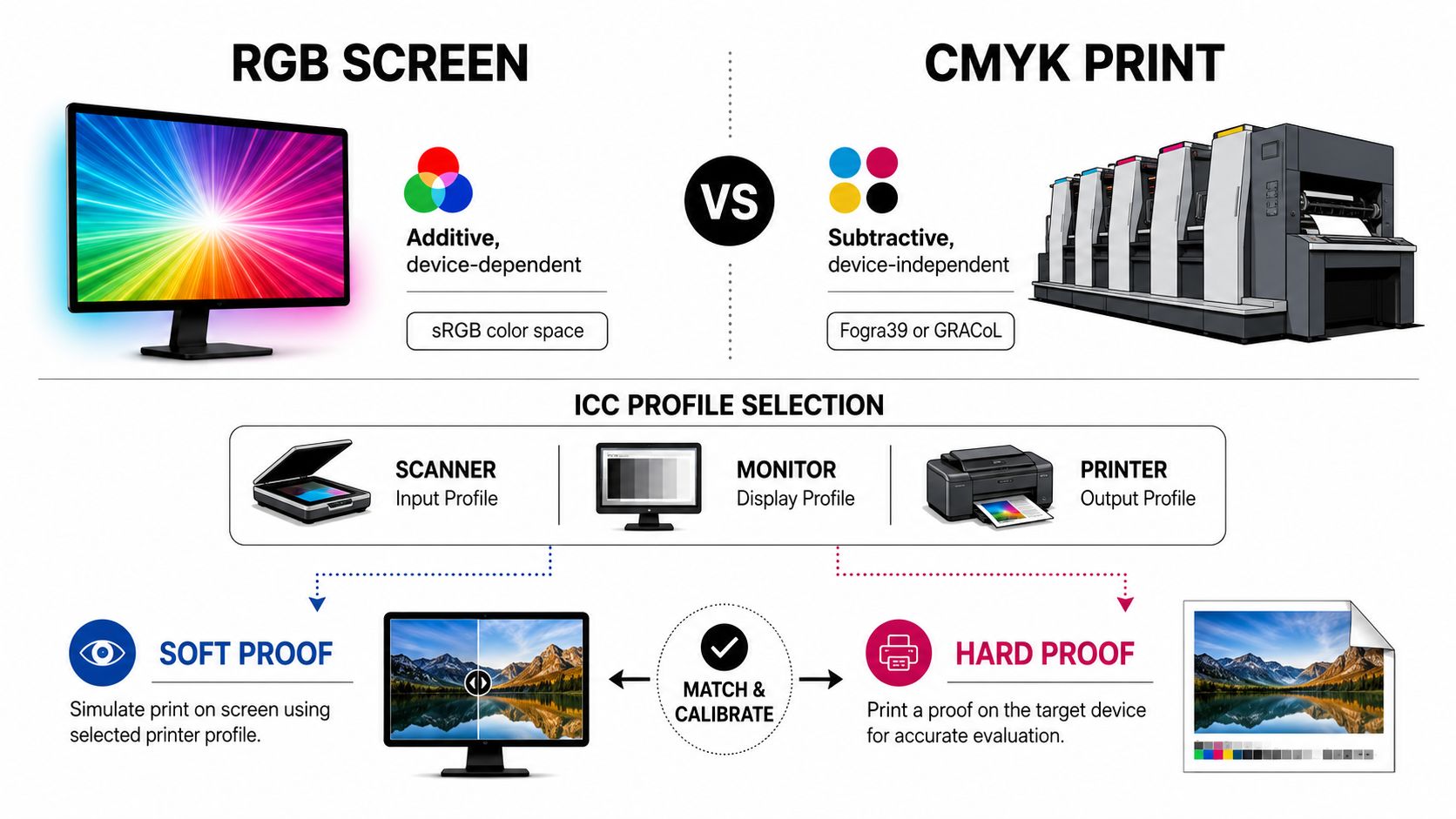 An infographic showing the difference between RGB screen display and CMYK print color workflows with proofing steps.
