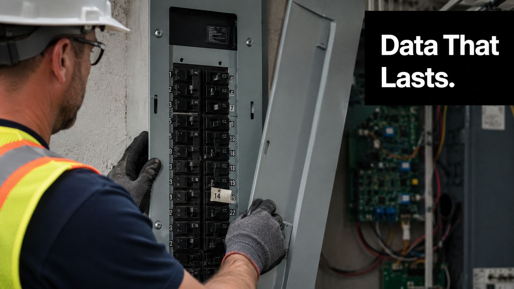 A technician wearing a hard hat and gloves inspects an electrical panel in an industrial setting.