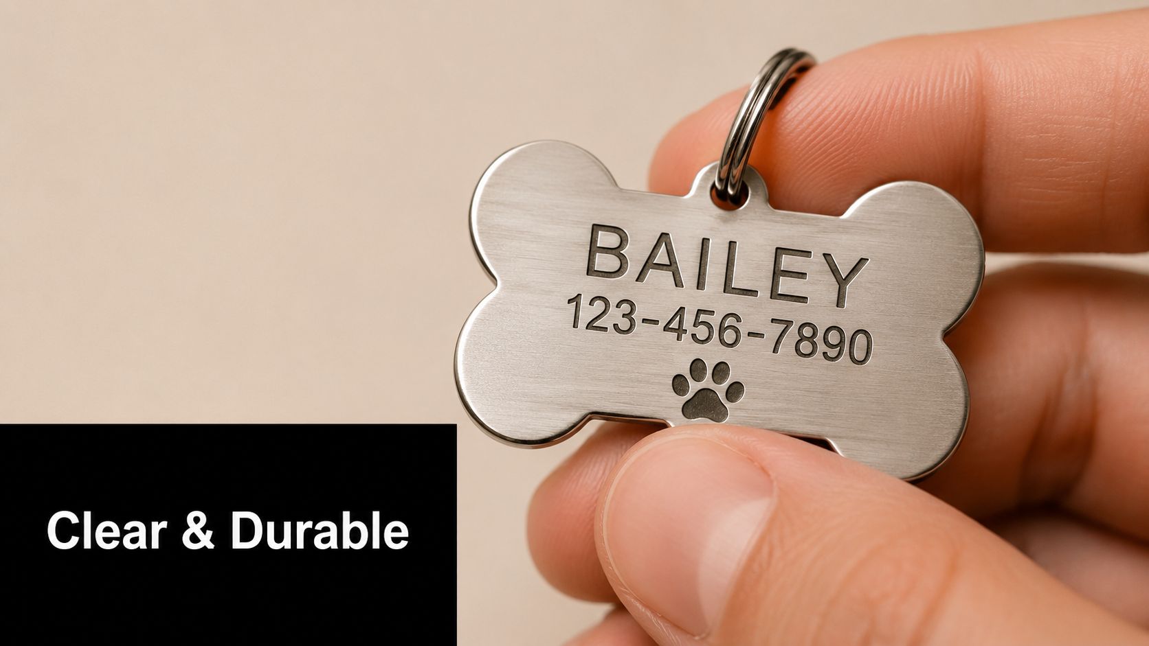 A hand holding a personalized stainless steel bone-shaped pet identification tag for a dog named Bailey.