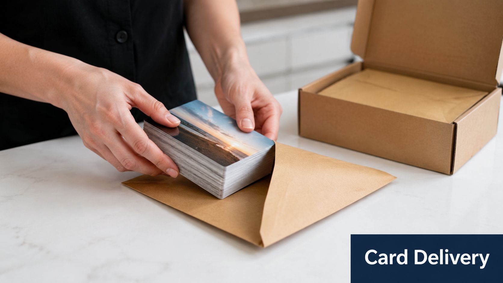 A person placing a stack of custom 4x6 cards into a brown paper envelope near a cardboard box.