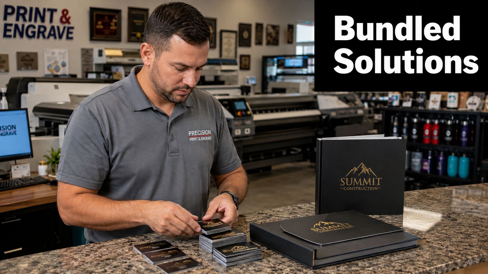 A professional engraver organizes branded Summit Construction business cards and presentation folders in a print shop.