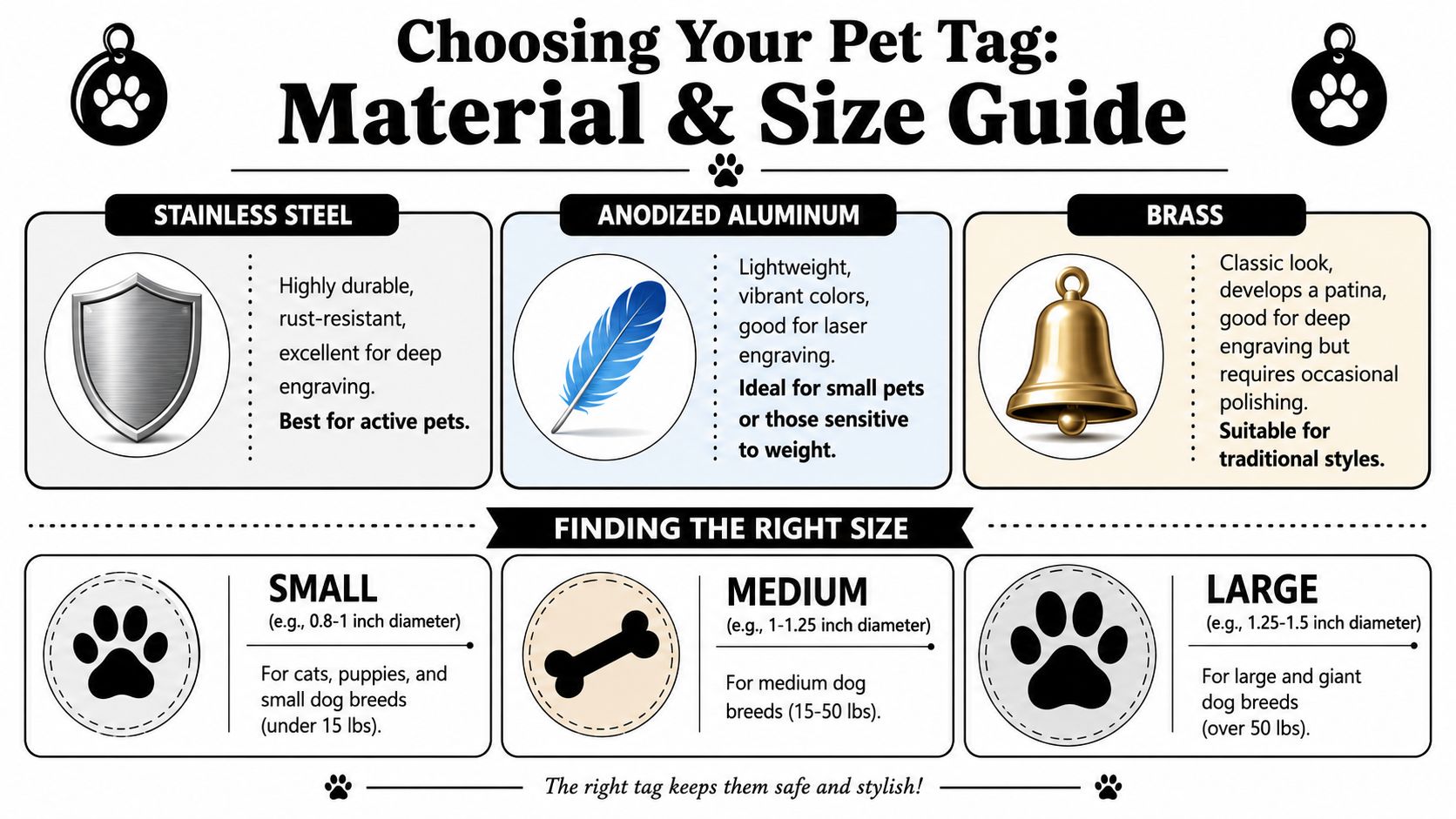 An educational guide explaining the best materials and sizes for choosing customized pet identification tags.