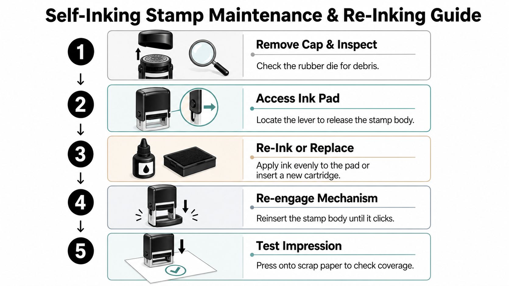 A five-step infographic guide explaining how to maintain and re-ink a self-inking rubber stamp for optimal performance.