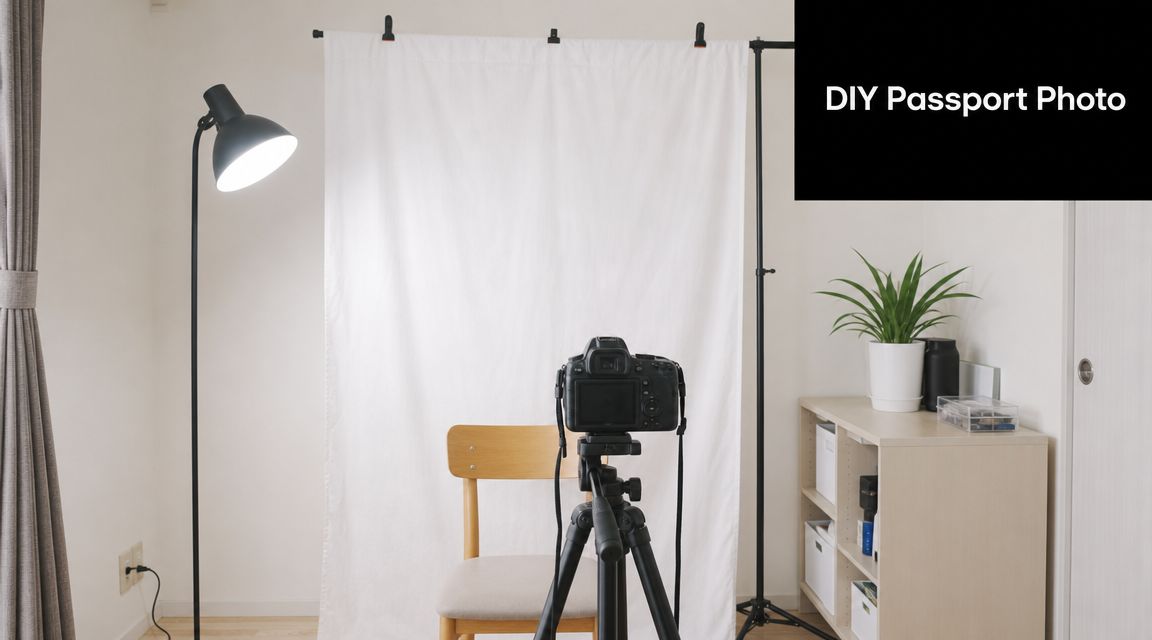 A professional setup for taking DIY passport photos with a camera, tripod, and white backdrop.