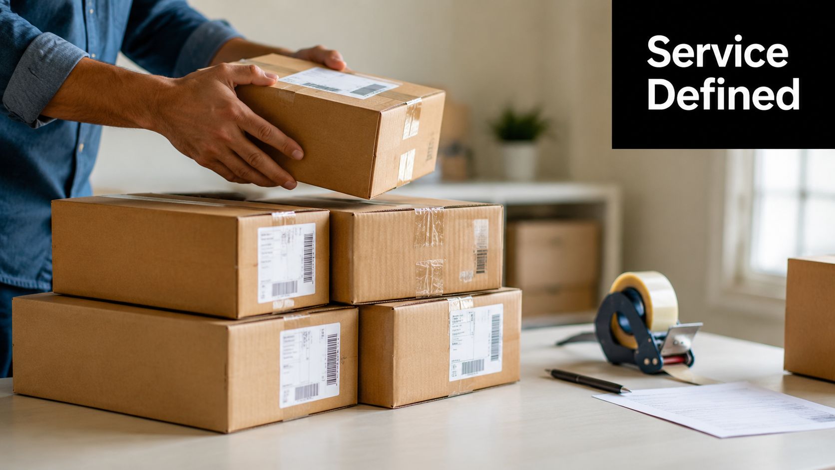 A worker carefully stacks cardboard shipping boxes on a table with labels and packing tape.