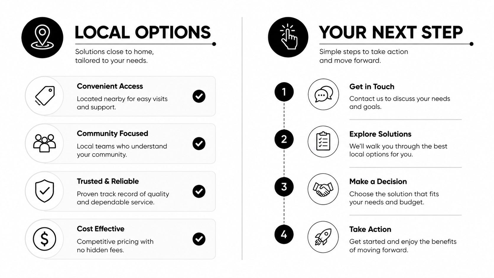 A dual-column infographic titled Local Options and Your Next Step detailing service benefits and a four-step process.