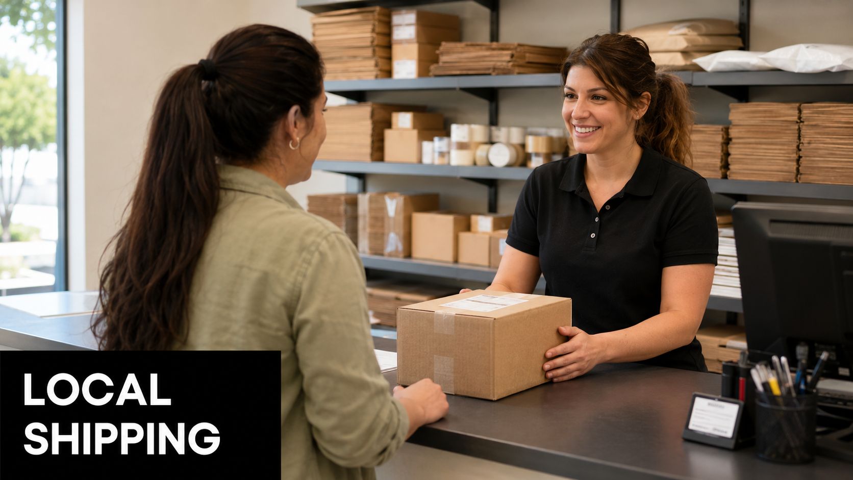 A friendly worker in a black shirt helps a customer ship a package at a post office.