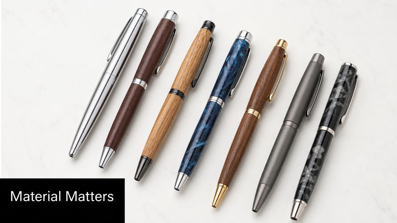 A collection of seven varied pens made of metal, wood, and marble arranged diagonally on a marble surface.