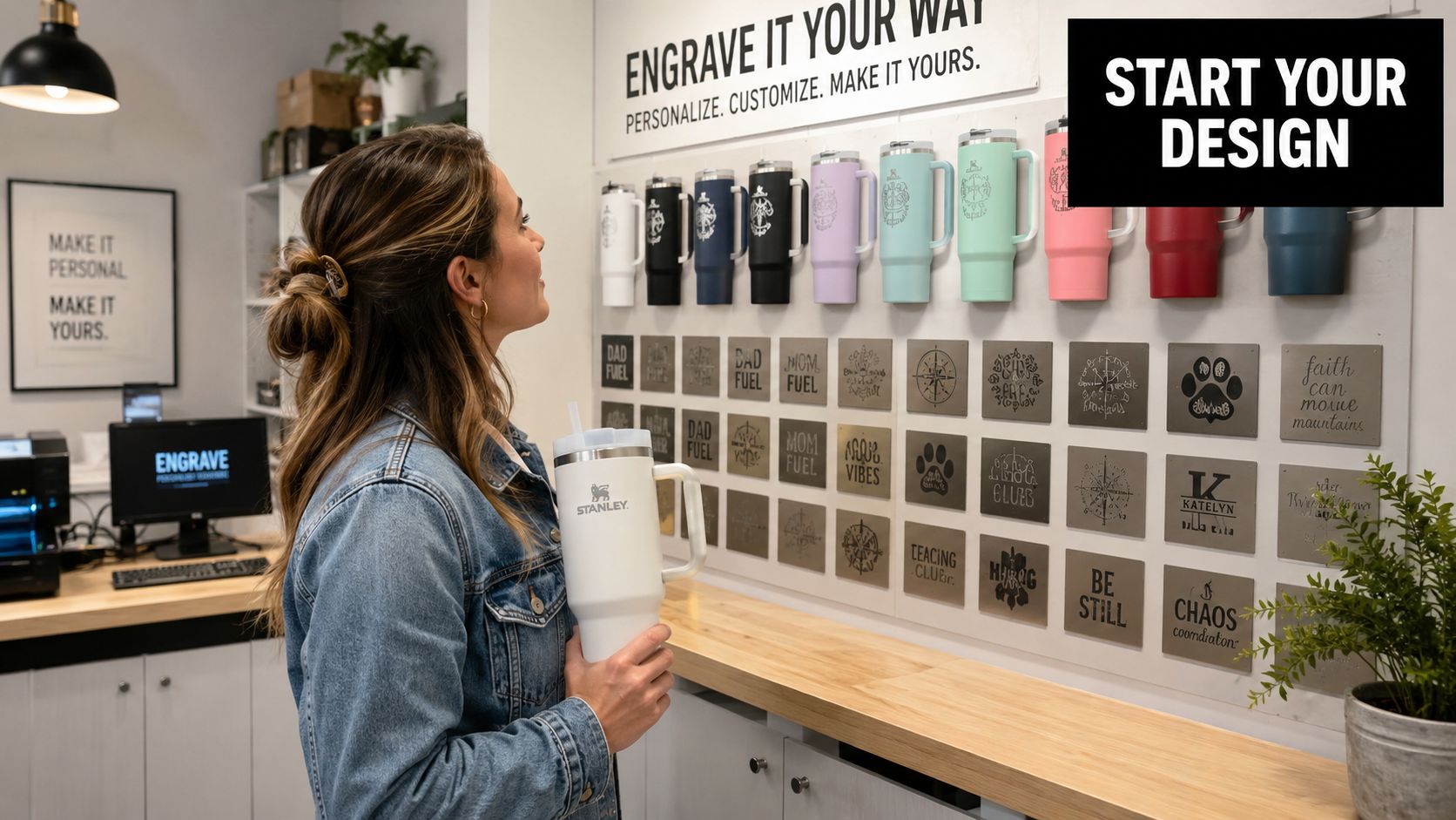 A woman holding a white Stanley cup looks at various engraved design options on a wall display.