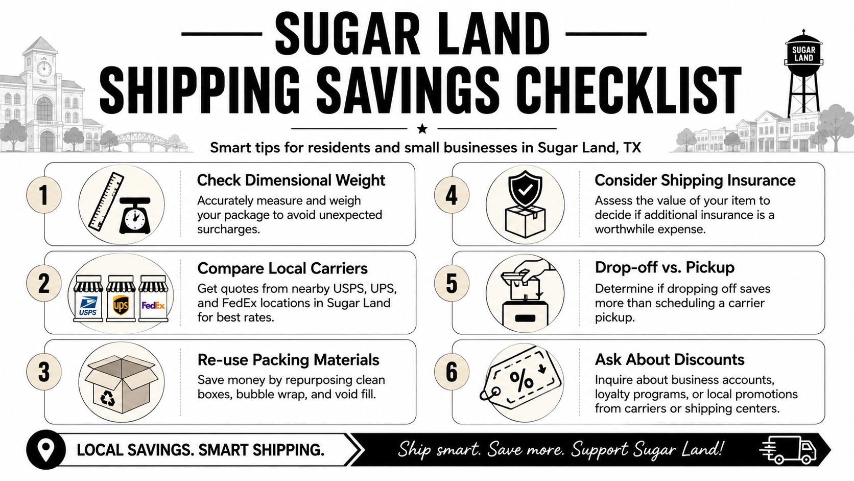 An infographic titled Sugar Land Shipping Savings Checklist providing six smart tips for residents and small businesses.