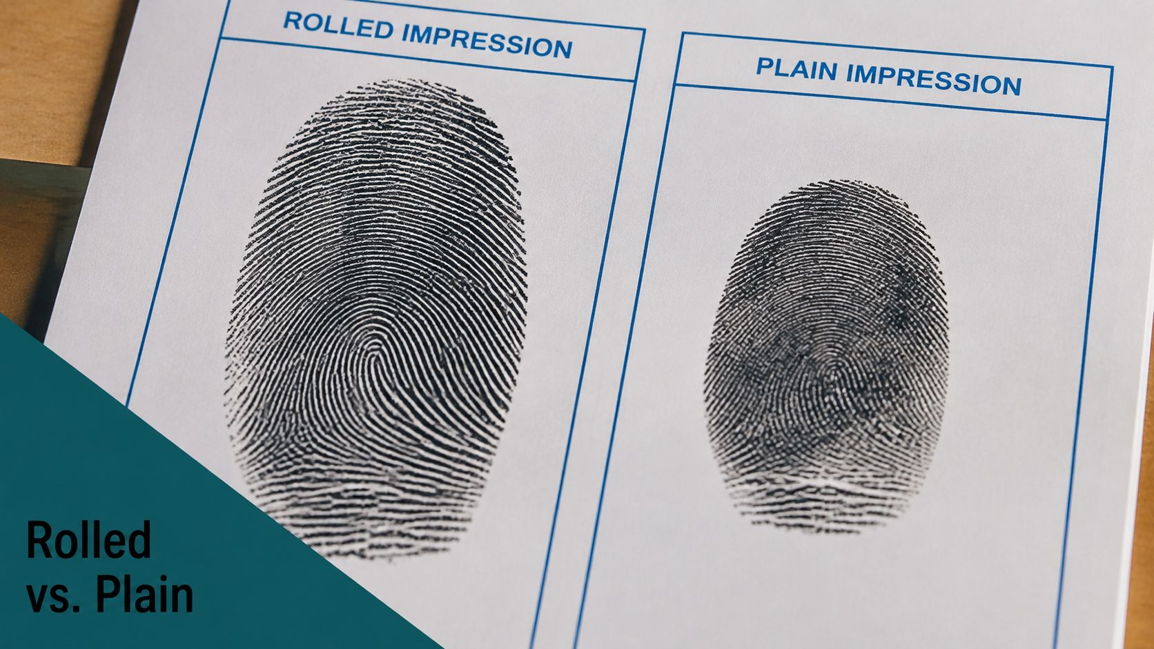 Comparison of a rolled fingerprint impression and a plain fingerprint impression on a white document.