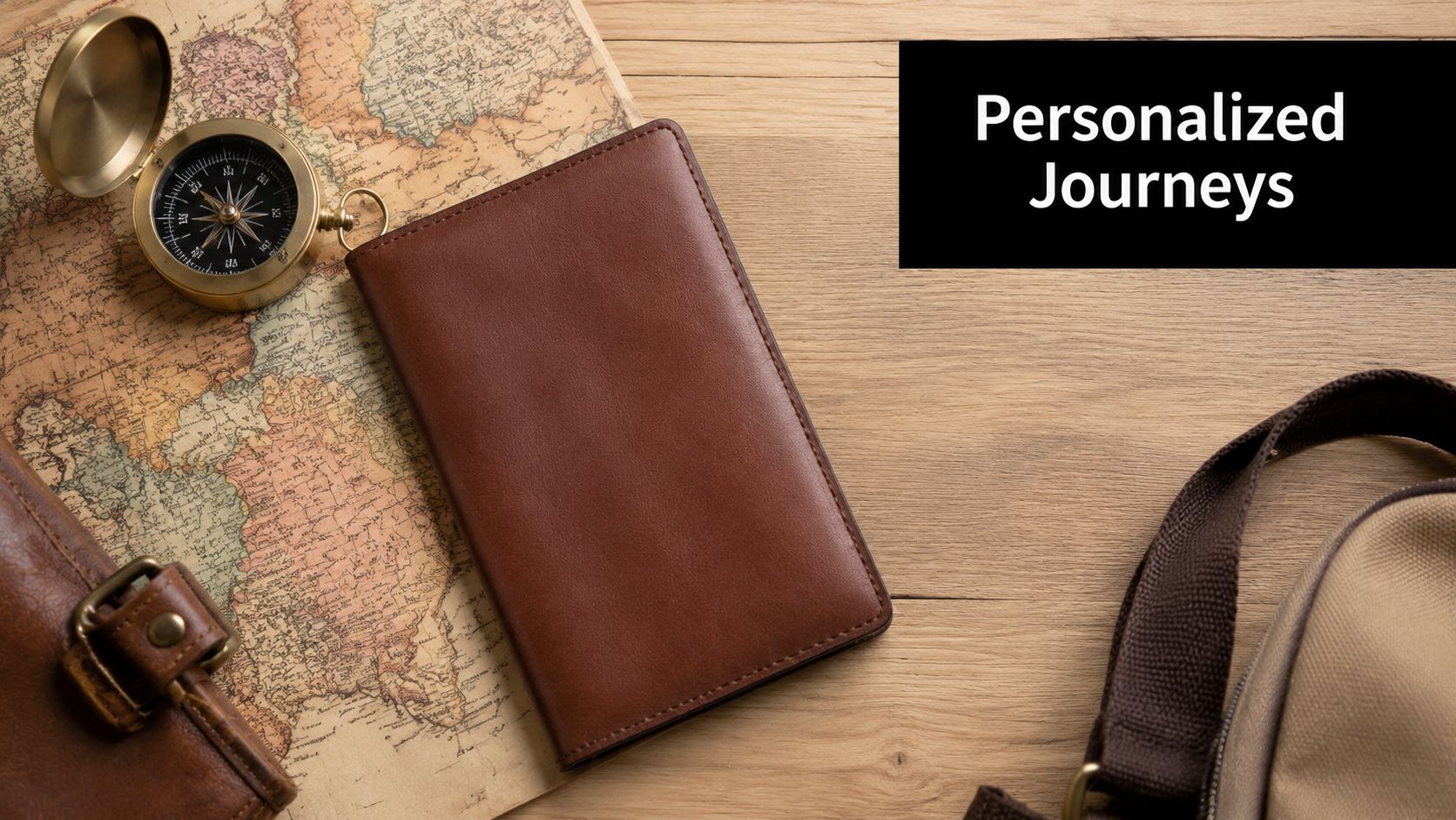 A leather passport holder rests on a vintage map next to a brass compass and travel bags.