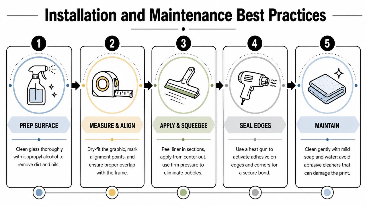 A five-step infographic showing installation and maintenance best practices for applying window perforated vinyl graphics.