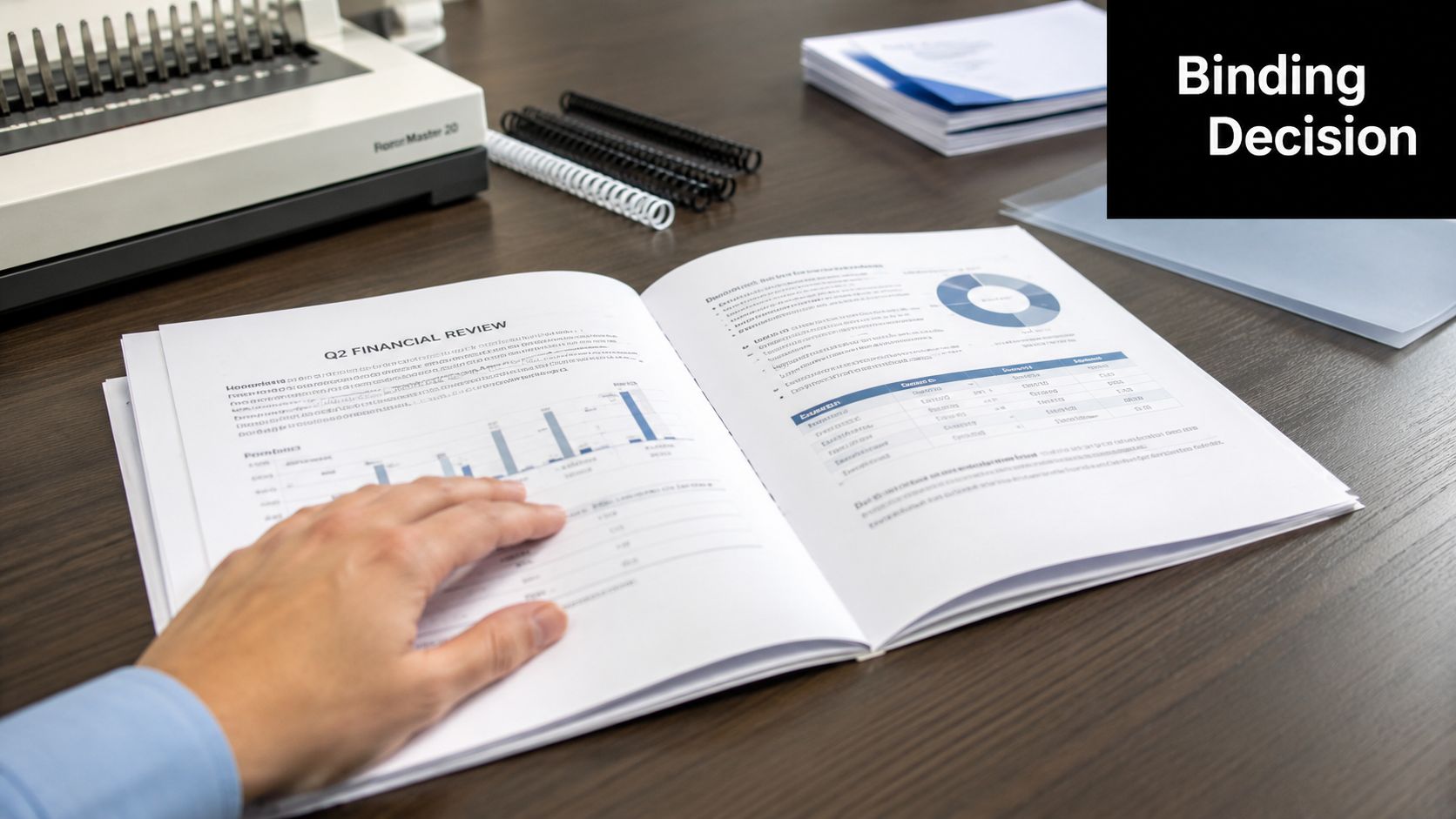 A professional desk workspace featuring a comb binding machine, spiraled coils, and a financial report document.